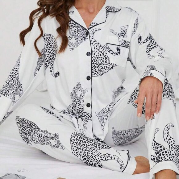 Other - Casual Animal Leopard Print Collared Long Sleeve Top And Loose Pants Comfortable